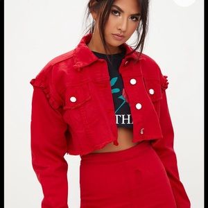 red ruffle cropped jean jacket